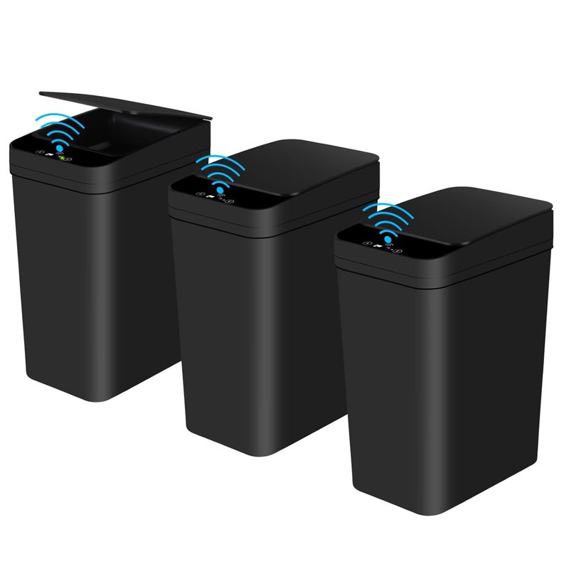 Anborry Bathroom Automatic Trash Can 3 Pack 2.2 Gallon Motion Sensor Touchless Small Slim Garbage Can with Lid Smart Electric Narrow Garbage Bin for Bedroom Living Room Office Kitchen (Black) - Image 1